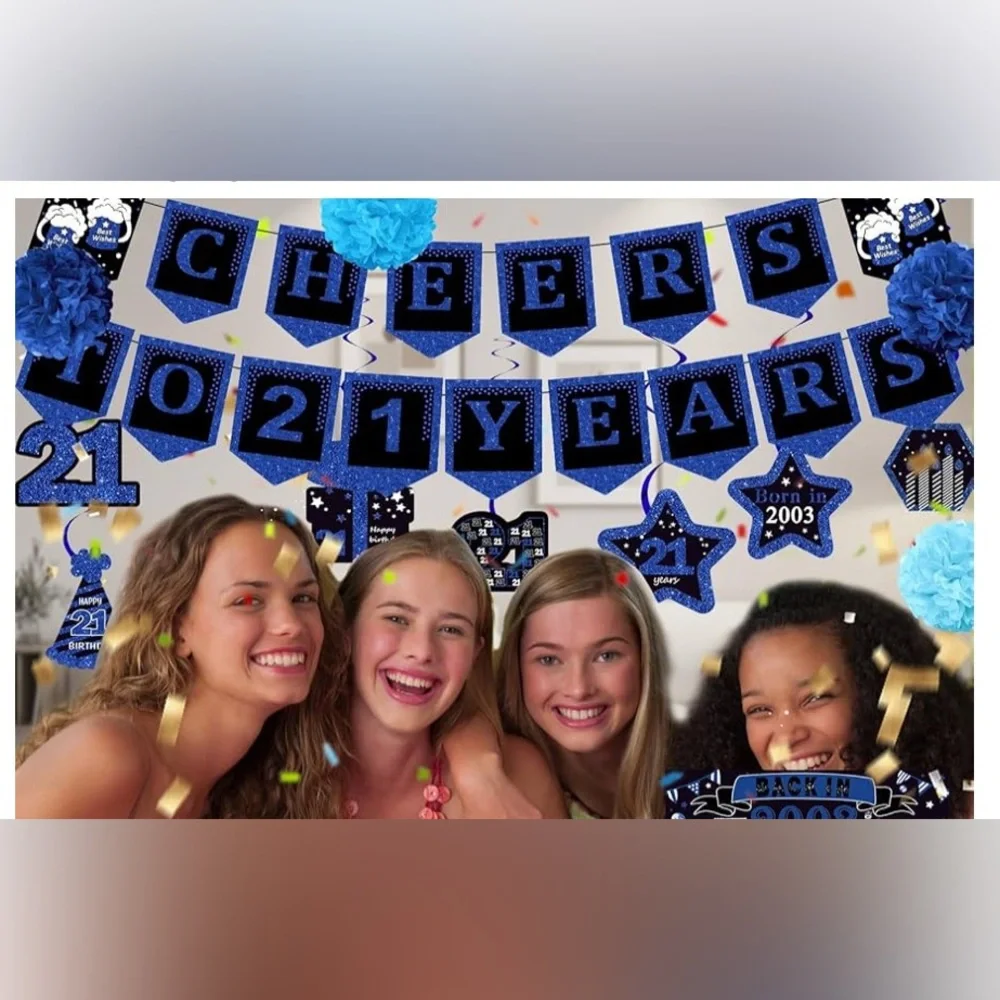 Cheers to 21 years banner& 21 streamers, paper poms